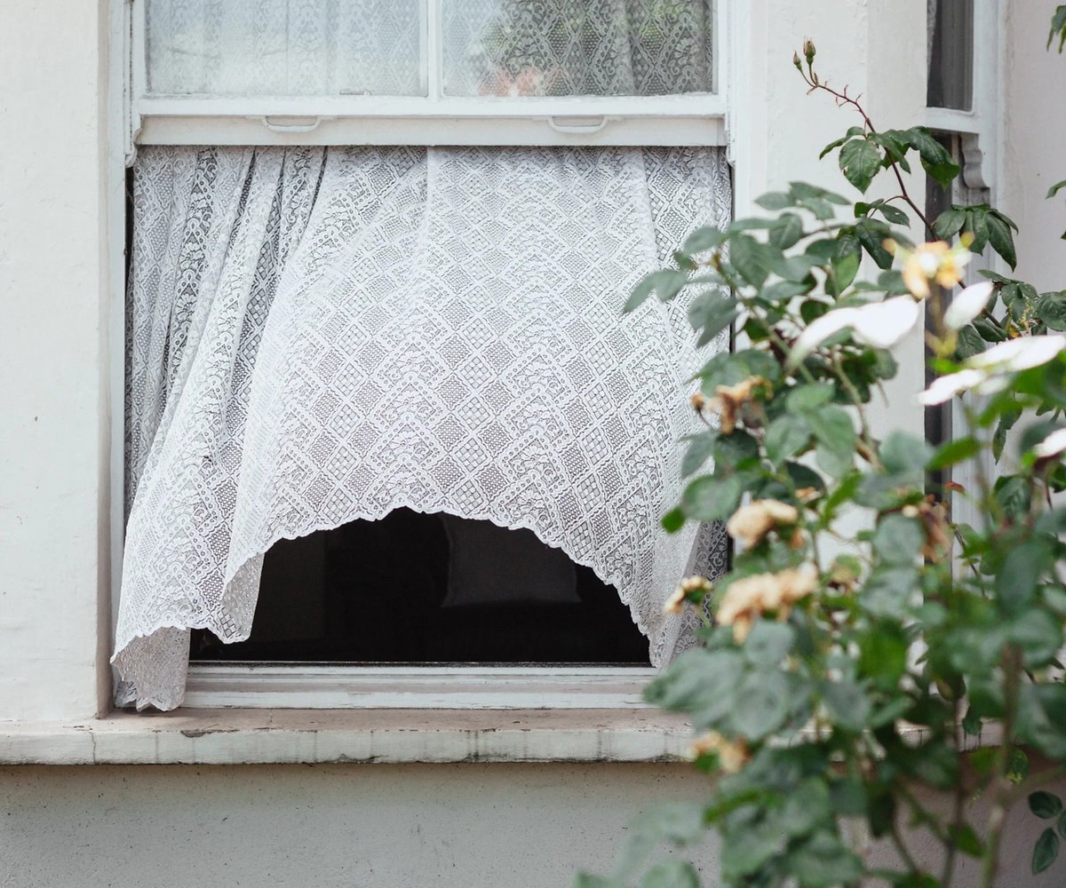 Une fenêtre ouverte avec un rideau en dentelle blanche partiellement tiré, entourée de verdure.