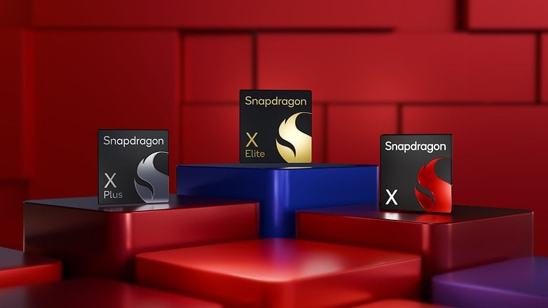 Three Snapdragon processors on colored blocks: X Plus, X Elite, X.