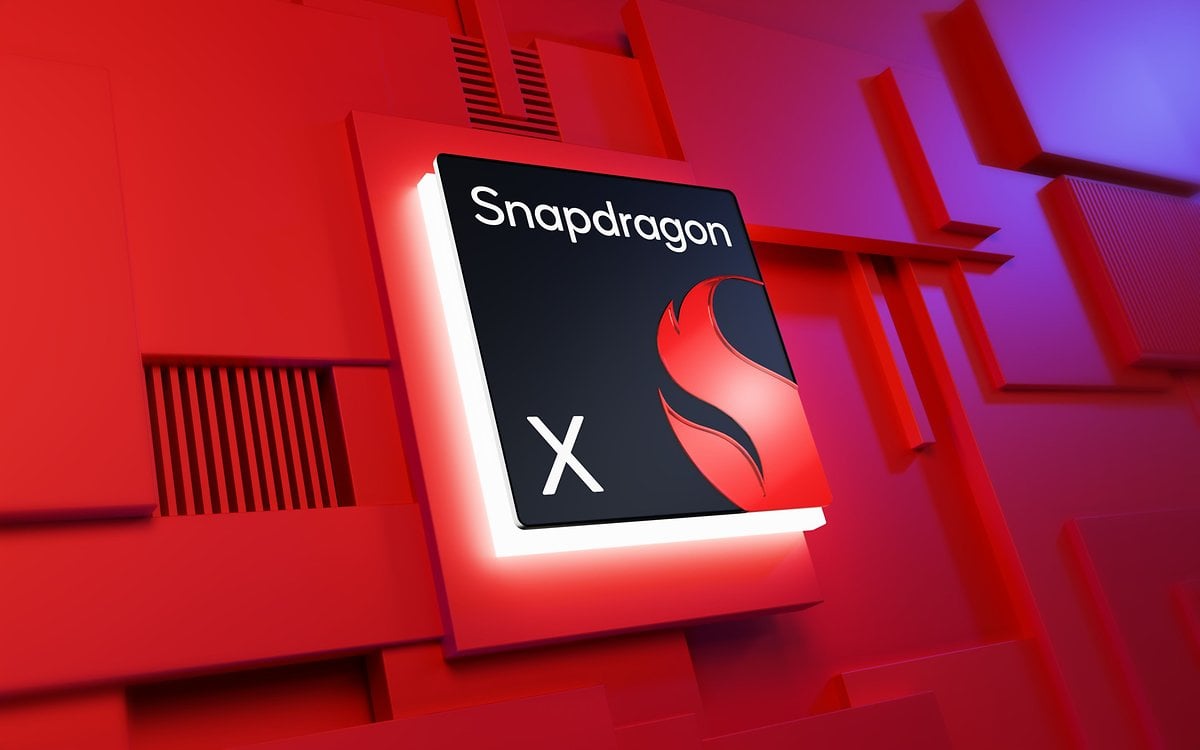 Logo du processeur Snapdragon X sur un fond rouge avec un design moderne.