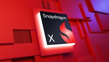 Logo du processeur Snapdragon X sur un fond rouge avec un design moderne.