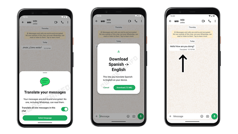 Tangkapan skrin daripada ciri terjemahan beta di WhatsApp