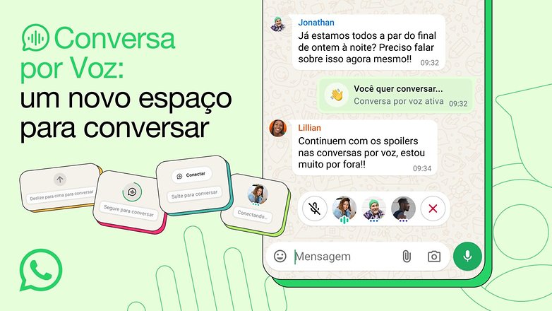 Tela de chat do WhatsApp mostrando o recurso de conversa por voz com mensagens de Jonathan e Lillian. Tela de chat do WhatsApp mostrando o recurso de conversa por voz com mensagens de Jonathan e Lillian.