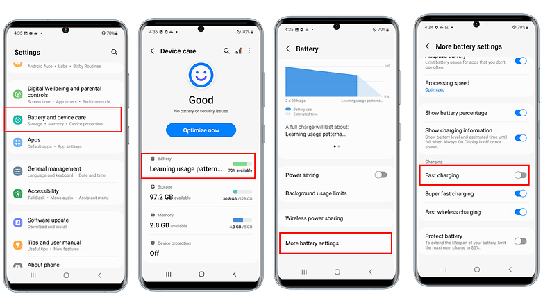 Des captures d'écran du menu Batterie