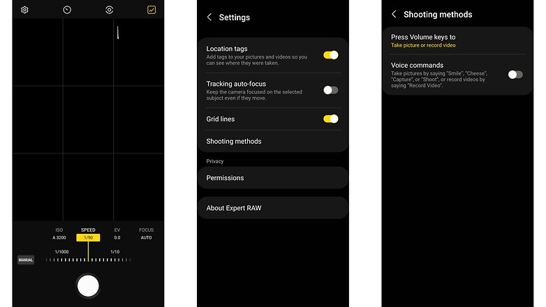 Screenshots der Einstellungen der Expert-RAW-App