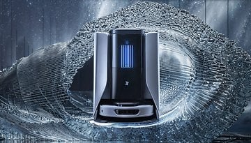 Ein Saugroboter umgeben von einem Wasserstrahl, der modernes Design und Funktionalität zeigt.