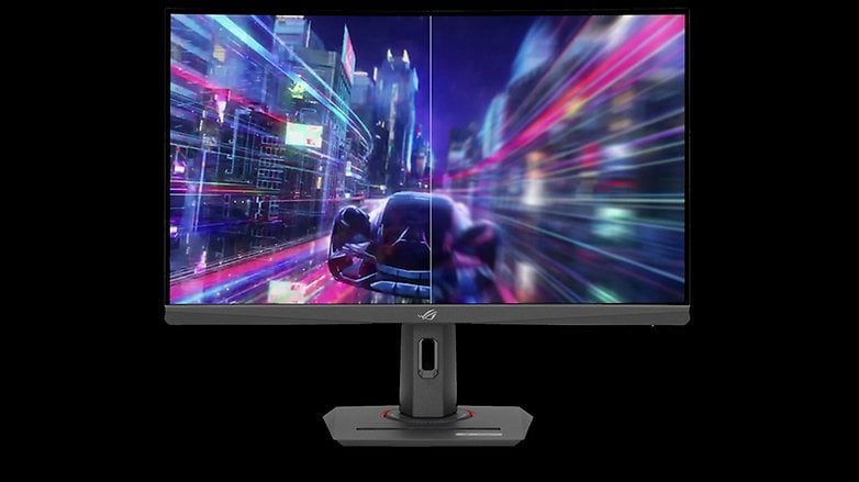 Asus ROG Strix XG27WCS Gaming-Monitor, der eine lebendige Stadtlandschaft mit Bewegungseffekten anzeigt.