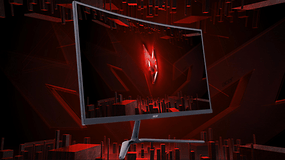 Acer Nitro ED270R gebogener Gaming-Monitor mit rotem geometrischem Hintergrund.