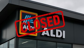 Aldi-Filialenschild mit einem roten Stempel 'CLOSED' darüber.