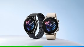 Zwei Amazfit GTR 3 Smartwatches in Schwarz und Beige mit bunten Zifferblättern, die die Herzfrequenz anzeigen.