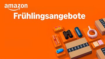 Amazon-Logo mit dem Text 'Frühlingsangebote' auf orangefarbenem Hintergrund, mit verschiedenen Produkten und Paketen.