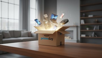 Ein Karton mit der Aufschrift 'amazon prime day', aus dem Elektronik und Gadgets herausspringen.