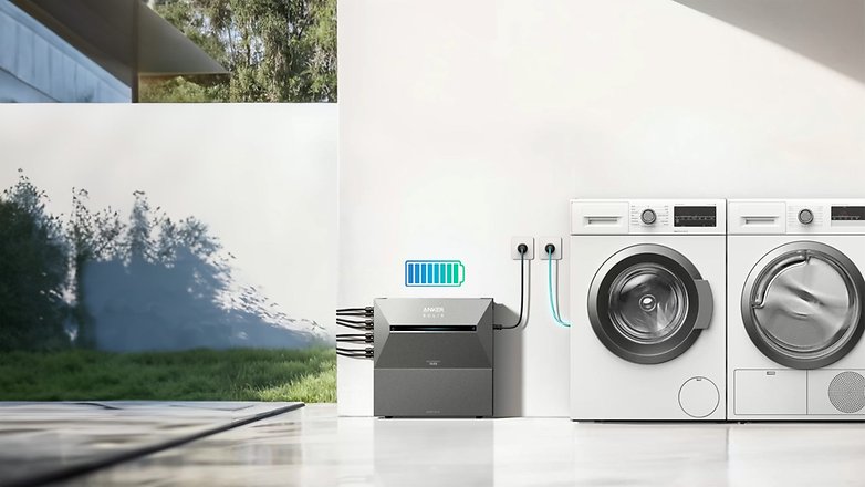 Anker Solix 3 Pro Energiespeichereinheit neben zwei Waschmaschinen in einem modernen Ambiente. Anker Solix 3 Pro Energiespeichereinheit neben zwei Waschmaschinen in einem modernen Ambiente.
