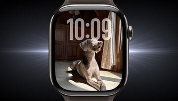 Eine Nahaufnahme einer Apple Watch Series 10, die die Uhrzeit 10:09 mit einem Hunde-Image als Zifferblatt anzeigt.