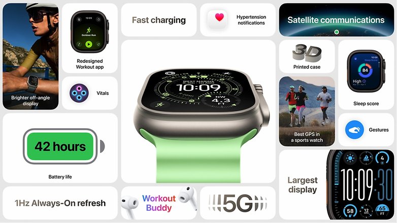 Apple Watch Ultra 3 mit grünem Armband, das Funktionen wie Akkulaufzeit, Trainings-App und Satellitenkommunikation zeigt. Apple Watch Ultra 3 mit grünem Armband, das Funktionen wie Akkulaufzeit, Trainings-App und Satellitenkommunikation zeigt.