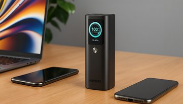 ASPERX 20000 mAh Powerbank auf einem Holztisch, mit zwei Smartphones und einem Laptop im Hintergrund.