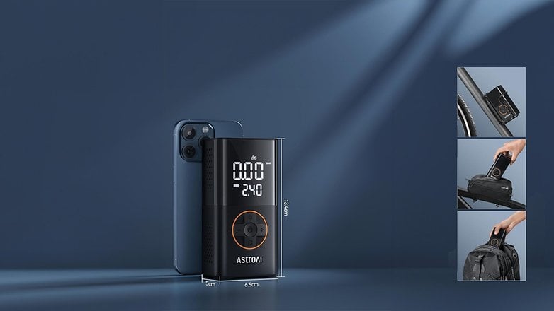 AstroAI elektrische Luftpumpe neben einem Smartphone, zeigt Größe und Funktionen.
