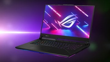 ASUS ROG Strix Scar 17 Gaming-Laptop mit bunten Lichtern und 'FÜR DIE, DIE WAGEN' auf dem Bildschirm.