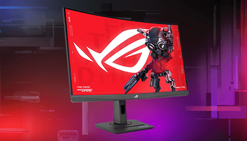 ASUS ROG Strix XG27WCS Gaming-Monitor mit rotem und schwarzem Design, das eine Figur mit Waffen zeigt.