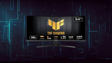 ASUS TUF Gaming 34" Curved-Monitor VG34VQ3B mit 180Hz Bildwiederholrate und 1ms Reaktionszeit vor futuristischem Hintergrund.