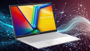 ASUS Vivobook Go 15 Laptop mit buntem Bildschirm, der das ASUS Vivobook-Logo anzeigt.