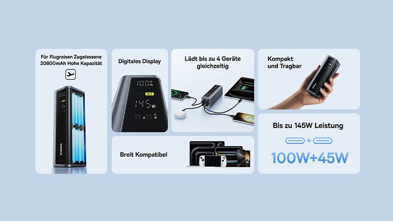 Baseus Powerbank mit digitalem Display, 20800mAh Kapazität, lädt bis zu 4 Geräte gleichzeitig, kompaktes Design. Baseus Powerbank mit digitalem Display, 20800mAh Kapazität, lädt bis zu 4 Geräte gleichzeitig, kompaktes Design.
