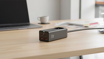 Ein Baseus-Ladegerät mit mehreren USB-Anschlüssen auf einem Holztisch neben einem Laptop und einer Kaffeetasse.