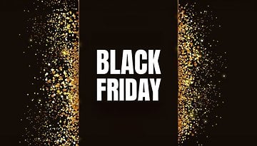 Text zu Black Friday auf dunklem Hintergrund mit goldenen Funkeln.