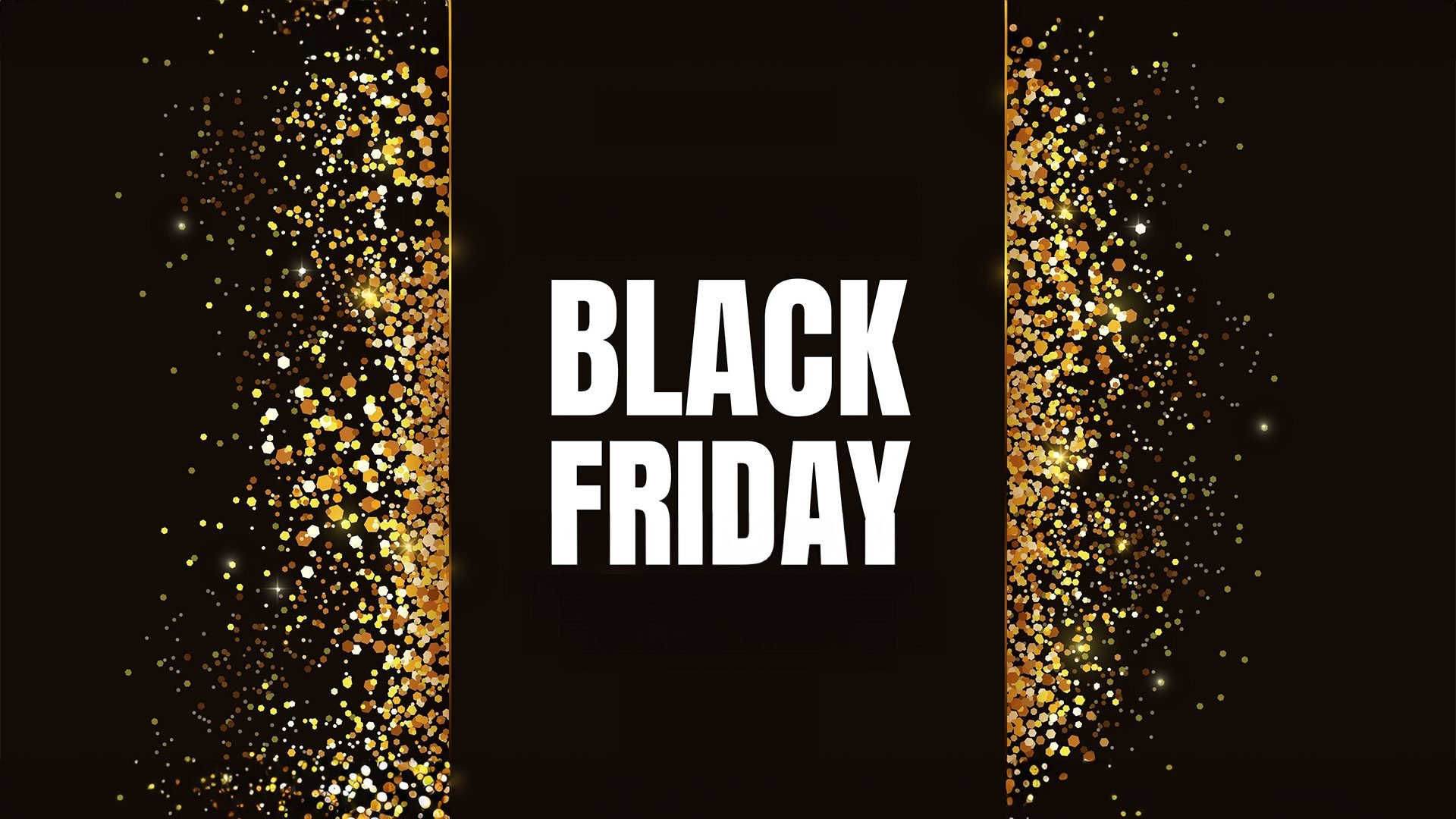 Text zu Black Friday auf dunklem Hintergrund mit goldenen Funkeln.