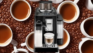 Eine De'Longhi Rivelia Kaffeemaschine mit Kaffeetassen und Kaffeebohnen im Hintergrund.