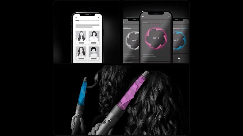 Ein Smartphone zeigt Haarstylings-Optionen und Timer für den Dyson Airwrap, während zwei Styler verwendet werden. Ein Smartphone zeigt Haarstylings-Optionen und Timer für den Dyson Airwrap, während zwei Styler verwendet werden.