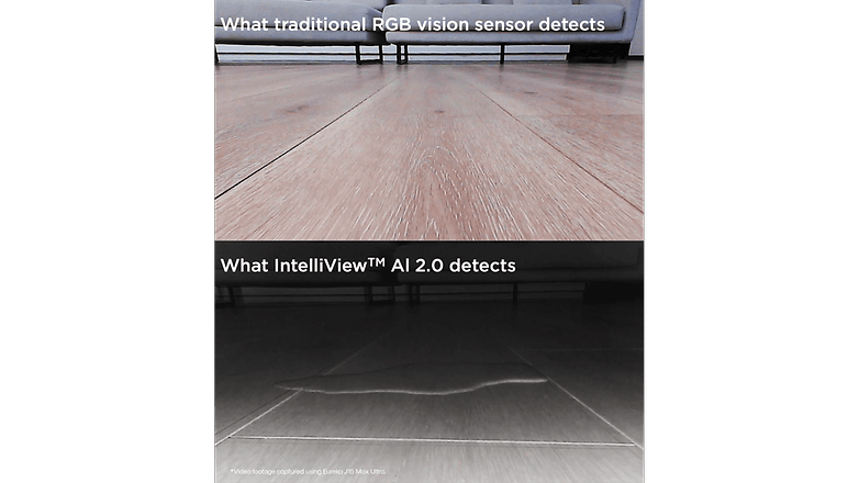 Vergleich zwischen traditionellem RGB-Visionssensor und IntelliView™ AI 2.0-Erkennung auf einem Boden.