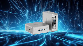 Geekom AE8 mini PC displayed against a blue abstract background, showcasing its sleek design and multiple ports.