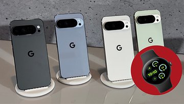 Vier Google Pixel-Smartphones in verschiedenen Farben mit einer Google Pixel-Uhr in rotem Kreis.