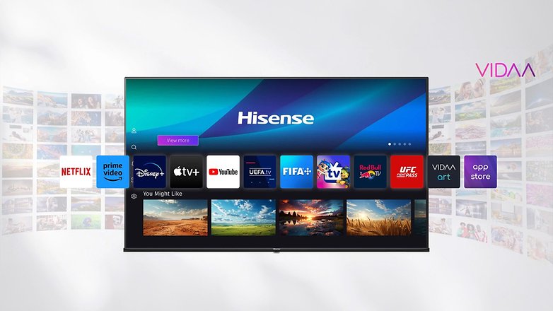 Hisense TV-Oberfläche, die Streaming-Apps wie Netflix, YouTube und Disney+ zeigt, zusammen mit dem VIDAA-Logo.