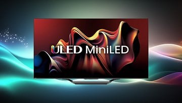 Hisense ULED MiniLED Fernseher zeigt lebendige Farben und fließende Formen.