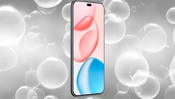 Ein schlankes Smartphone mit einem lebhaften Bildschirm, umgeben von Blasen.