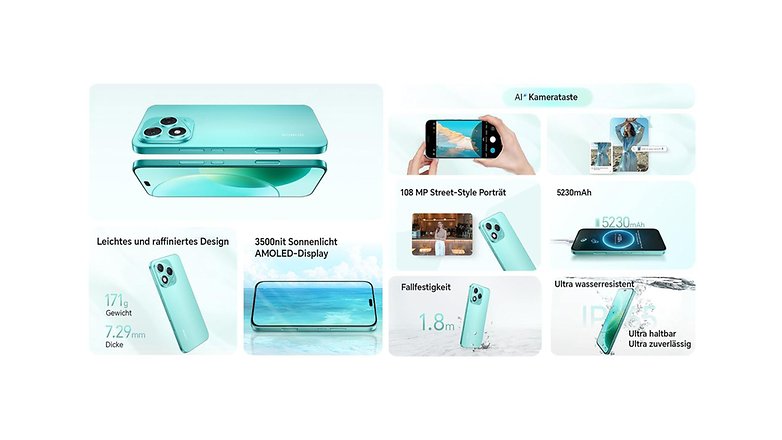 Ein hellgrünes Smartphone mit 108 MP Kamera, 5230mAh Akku und hervorgehobenen Spezifikationen. Ein hellgrünes Smartphone mit 108 MP Kamera, 5230mAh Akku und hervorgehobenen Spezifikationen.