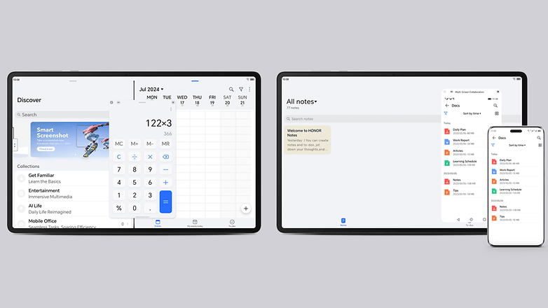 Zwei Tablets zeigen einen Taschenrechner und einen Kalender neben einem Telefon mit Notizen-App, das die Multi-Screen-Kollaboration zeigt.