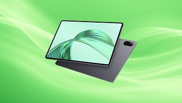 Ein schlanker Tablet-PC vor einem grünen Hintergrund, der sein Design und seinen Bildschirm zeigt.