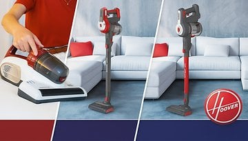 Eine Person benutzt einen Handstaubsauger von Hoover neben zwei Stabstaubsaugern auf einem Sofa.