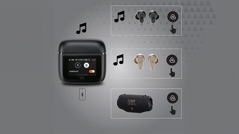 JBL Tour Pro 3-Ohrhörer mit Ladeetui und Auracast-Funktion, einschließlich Bluetooth-Symbol und Musiknoten.