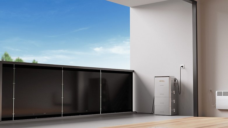 Ein Jackery Home Power 2000 Ultra-Gerät steht in einem modernen Innenraum mit Blick auf den Himmel. Ein Jackery Home Power 2000 Ultra-Gerät steht in einem modernen Innenraum mit Blick auf den Himmel.