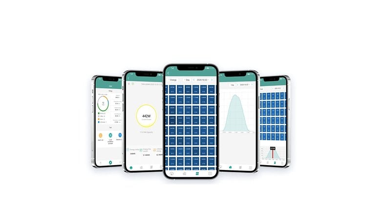 Fünf Smartphones, die die S-Miles Cloud-App zur Analyse der Balkonstromerzeugung anzeigen. Fünf Smartphones, die die S-Miles Cloud-App zur Analyse der Balkonstromerzeugung anzeigen.