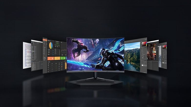 Krummer Gaming-Monitor, der eine lebendige Spielszene mit mehreren Anwendungsfenstern zeigt. Krummer Gaming-Monitor, der eine lebendige Spielszene mit mehreren Anwendungsfenstern zeigt.