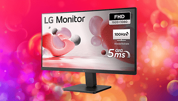 LG Monitor mit FHD 1920x1080, 100Hz Bildwiederholrate und 5ms Reaktionszeit vor einem bunten Hintergrund.