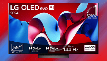 LG OLED evo AI 2024 Fernseher mit 55" Bildschirmgröße, Dolby Vision und Atmos, unterstützt bis zu 144 Hz Bildwiederholrate.