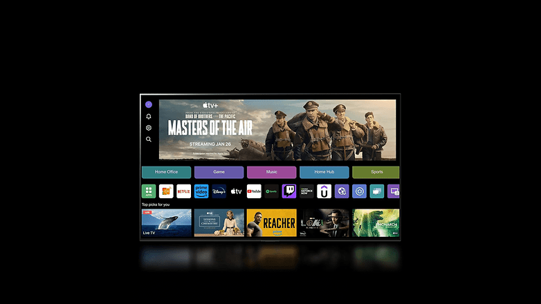 Eine Smart-TV-Oberfläche zeigt 'Masters of the Air' auf Apple TV+ mit verschiedenen App-Symbolen darunter.