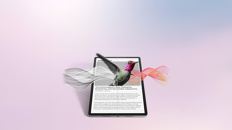 Ein Lenovo IdeaTab Pro-Tablet, das einen Text über Kolibris und Biodiversität mit einer farbenfrohen Vogelillustration anzeigt.