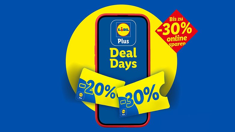 Lidl Plus Deal Days Aktion mit Rabatten bis zu -30% auf dem Bildschirm eines Handys dargestellt.