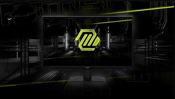 MSI-Monitor zeigt das MSI-Logo auf einem dunklen, technikbezogenen Hintergrund.